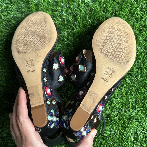 TORY BURCH Estella Wedge Black Beaded Strappy Sandals size 5.5 - Picture 6 of 10